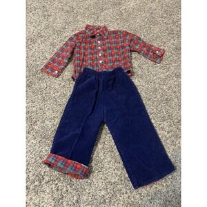 Vintage Toddler Infant Park Bench Kids 12 mo Red Flannel Blue Corduroy Pants Set
